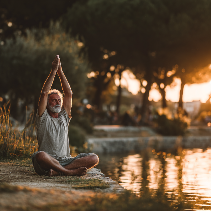 Senior practică yoga în natură